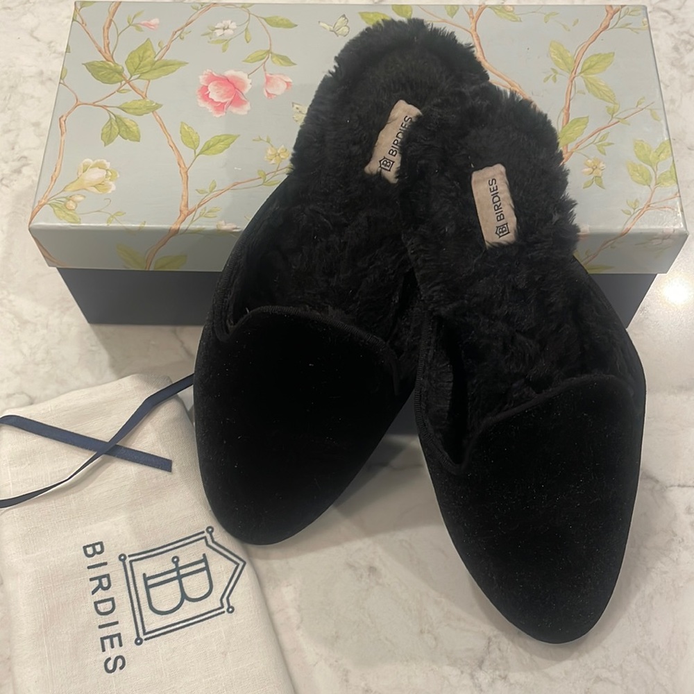 BIRDIES The Phoebe black faux fur mules SZ8